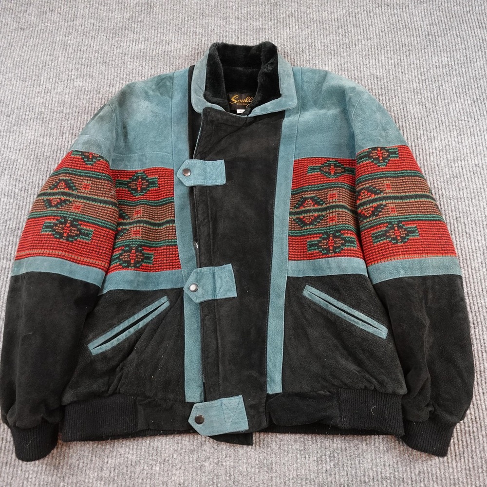 Scully Vintage Aztec Suede Bomber Jacket Mens XL Teal Black Faux Fur Lined